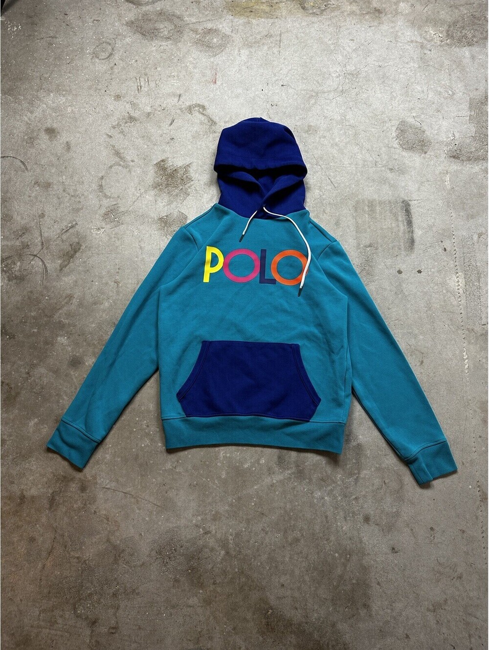 Polo‎ Ralph Lauren Men's Blue Colorblock Logo Graphic Double Knit Logo Hoodie XS